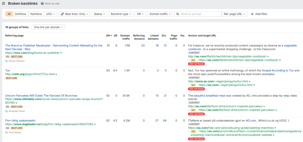 Screenshot of broken backlinks report from Ahrefs
